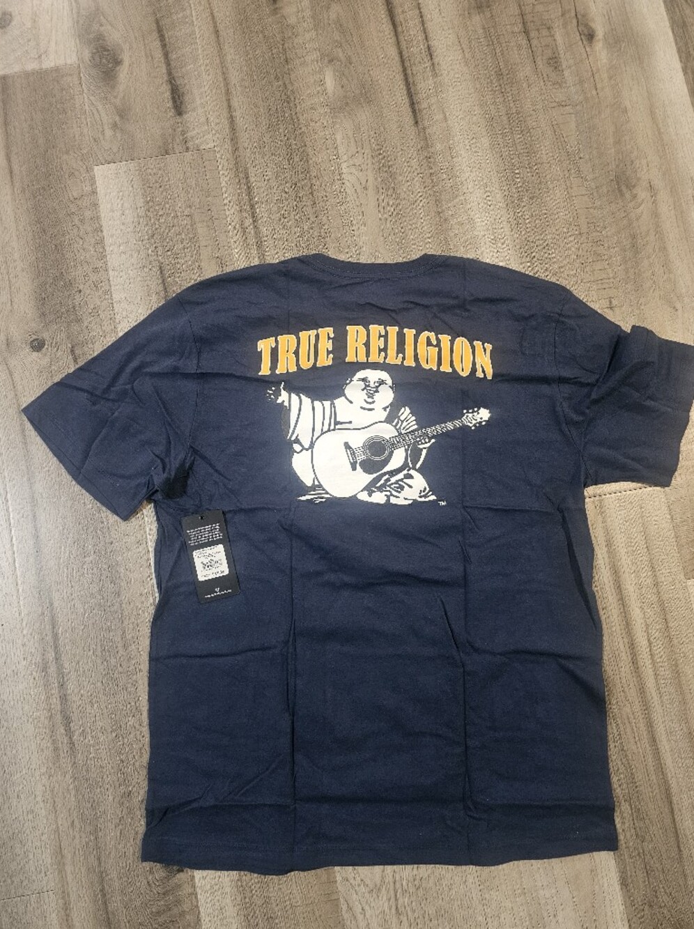 True Religion Navy Tee with Yellow Logo and White Graphic